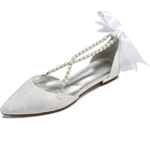 Lace Pearls Wedding Flats for Bride Pointed Toe Ribbon Tie Lace Wedding Bridal Party Dress Flat Shoes