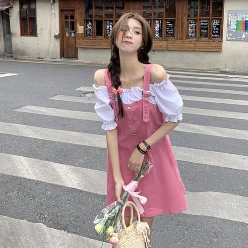 Sweet Summer Dress 2021 Pink Fake Two Pieces Casual Vintage Dress A-line Dress
