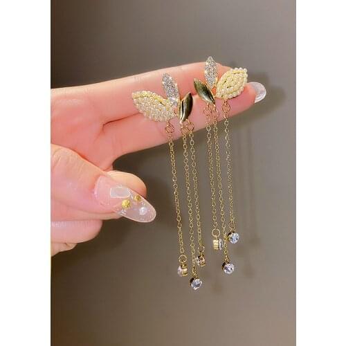 Fashion Elegant Shining Leaves Butterfly Pearl Crystal Tassel Dangle Earrings For Women Trendy Earring Jewelry Accessories Gifts