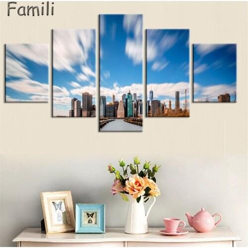 Unframed Modern 5pcs Melamine Sponge Board Canvas Oil Painting New York City Night View Pictures Seascape Living Room Wall Art