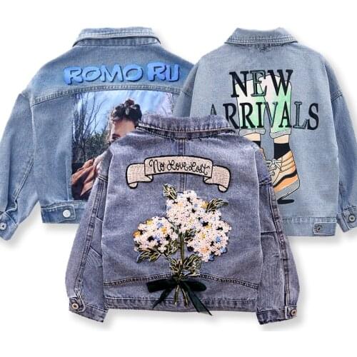 2021 new spring and autumn little girls coat denim coat versatile denim coat cute print Embroidered Denim 3 45 6 7 8 9 10 11 12