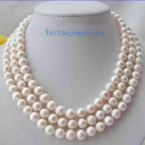 Stunning 3 Rows 9-10mm Round White Freshwater Cultured Pearls Necklace,Genuine Pearl Jewellery,18-20inches,New Free Shipping