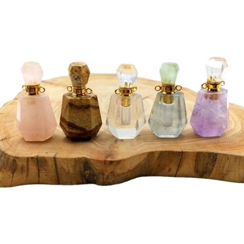 Natural gems stone Perfume Bottle pendant Faceted fluorite amethysts rose quartzs diffuser Healing Crystal Vial for necklace