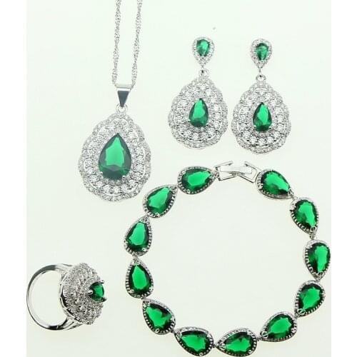 Luxurious Women 925 Silver Jewelry Sets Green Cubic Zirconia Crystal Earrings/Pendant/Necklace/Ring/Bracelet