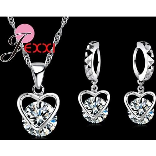 Shining Crystal Heart Necklace 925 Sterling Silver Drop Earrings Women Bride Wedding Jewelry Sets Best Gift For Lovers