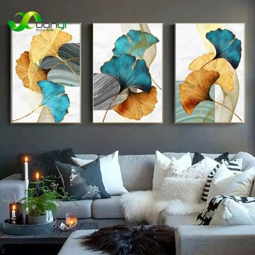 Nordic Modern Picture Blue Green Yellow Gold Plant Leaf Abstract Poster Canvas Print Wall Art Painting For Living Room Decoratio
