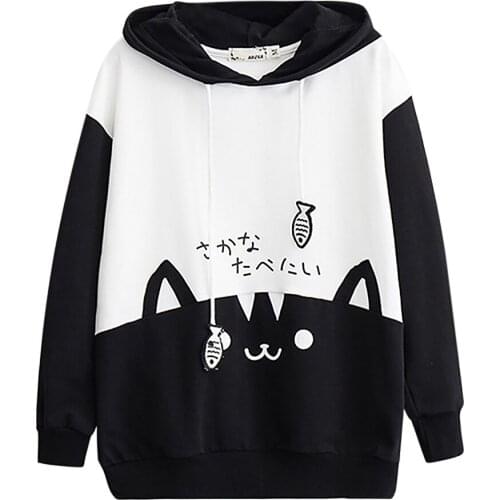 Stylish Bar Autumn Winter Cat Printing Hooded Sweatshirt Women Girl Harajuku Hoodies Tracksuits Pullovers Cute Warm Sweatshirts