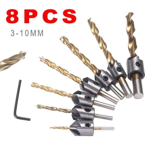 8pcs 3-10mm 5 Flutes Titanium Coating HSS Countersink Drill Bit Carpentry Chamfer Boring Woodworking Tool Set