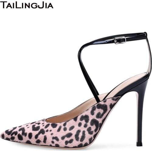 Women High Heel Pumps Pink Leopard Pointy Toe Heeled Slingbacks Sexy Dress Heels Party Shoes Ladies Summer Shoes Plus Size 2018