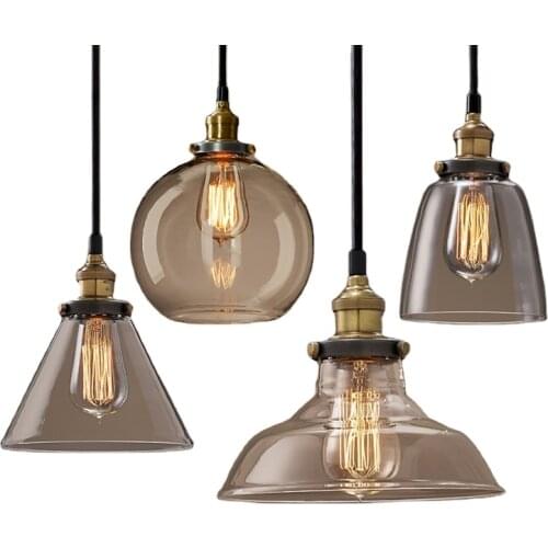 Antique Brass Brushed Smoke Gray Industrial Glass Pendant Lights Edison Rretro Fixture Ceiling Lamp
