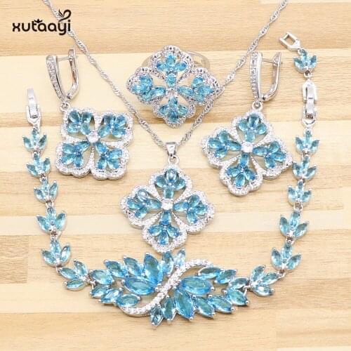 XUTAAYI 4PCS Top Quality Silver Jewelry Sets Blue Created Sapphired Super Wedding Necklace/Rings/Earrings/Bracelet