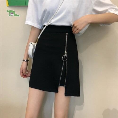 Black Skirts Womens 2020 Summer Korean Style Streetwear Casual Circle Zipper Slim High Waist A Line Mini Skirt saias B346