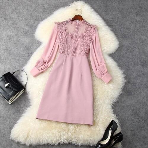 European and American womens clothing 2021 New Style for Spring Hollow neck with long sleeve Joining together Fashion dress