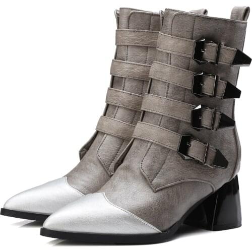 Women shoes 2021 ankle boots punk shoes Pointed Toe Square heel boots for women black gray big size 32-48