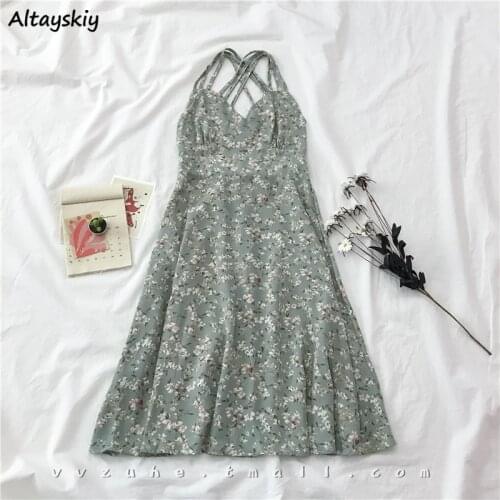 Dresses Women Floral French Style Spaghetti Straps Korean Chic Backless Sexy Lady Holiday Leisure Fashion Summer Vestdios Female