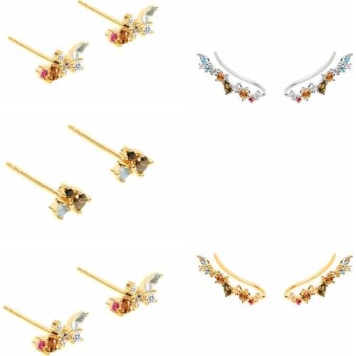 925 Silver Ear Needle Luxury Rainbow Crystal Stud Earrings Women Exquisite Geometry Earrings Korean Fashion Party Jewelry Gift