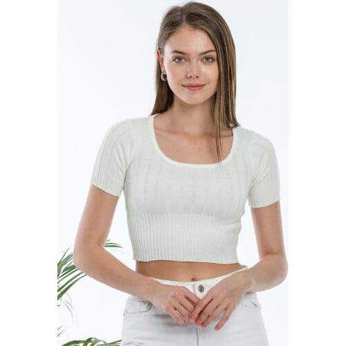 Womens U-Neck Short Sleeve Crop Top Knitwear Tee Brown White Spring Summer