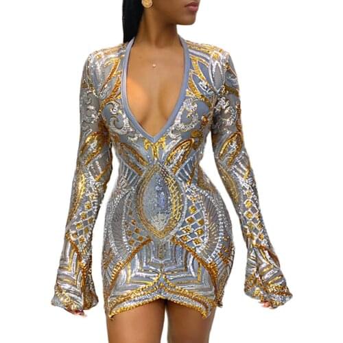 Echoine Women Sequined mini dress sexy long sleeve V-neck elegant bodycon dresses female party embroidery splice see through