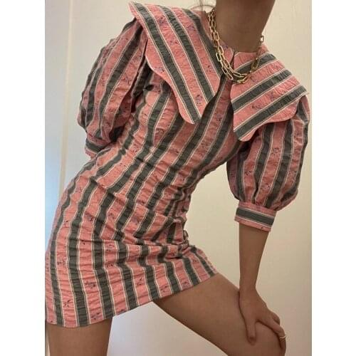 2021 Early Autumn Summer Stripes Mini Dress for Women Peter Pan Collar Short Puff Sleeve High Waist Female Robe
