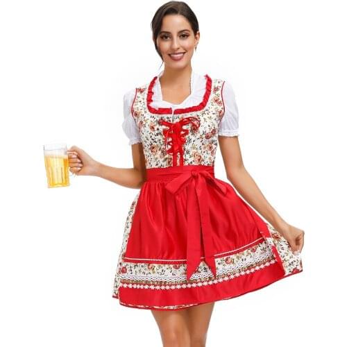 M-XL Women Flower Pattern Oktoberfest Dirndl Dress Costume Beer Festival Dress Suit Female Clothes