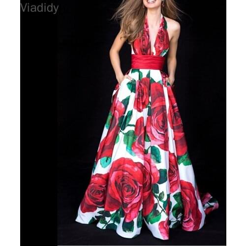 Women Sleeveless Big Swing Rose Party Dress Elegant Floral Print Halter Open Back High Waist Maxi Dress