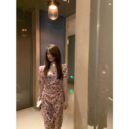 Womans Clothing Dress Pink Print Real Silk Dress Lace Edge Fashion Square Neck Short Sleeve Dresses Womens Clothing Summer2021