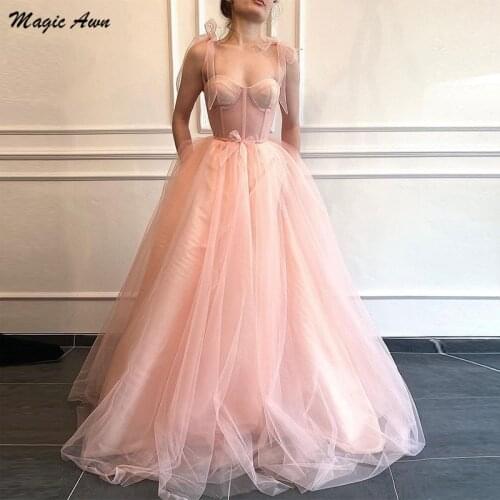 Magic Awn Vintage Blush Prom Dresses 2021 Bow Spaghetti Straps Illusion Celebrity Evening Party Gowns With Pockets Robe Femme