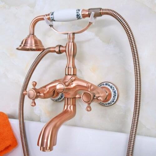 Antique Red Copper Brass Dual Cross Handles Wall Mounted ClawFoot Bath Tub Faucet Mixer Tap With Hand Shower Spray mna325