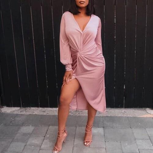 BAMBOOBOY Women Autumn Elegant Sexy Deep V-neck Ruched Draped Twist Long Sleeve Beach Party Dress Vestidos de fiesta ZL1091