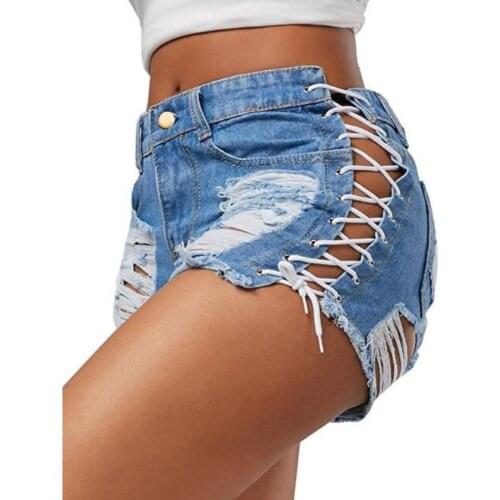 Black Ripped Denim Shorts Summer Women Sexy Hollow Out Lace Up Tassel Booty Shorts Woman Fashion Bandage Short Jeans Hotpants
