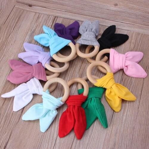 Bunny Ear Teether Fabric Wooden Teething Ring With Crinkle Material Shower Gift GXMB