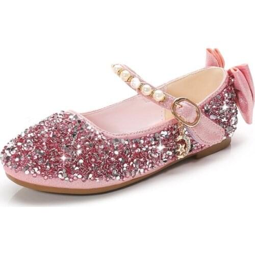 Childrens Shoes For Girl Spring New Princess Lace Leather Shoes Fashion Cute Bow Rhinestone Wedding Shoes Student Party Dance