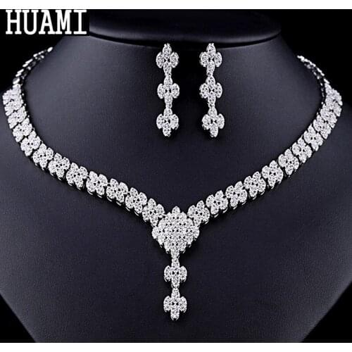 HUAMI Cute Classic Bowknot Earrings and Necklace Sets for Women Wedding Bridal Fine Jewelry Banquet Dress Silver Color Zircon