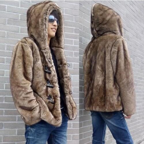 Horn button fur leather jacket mens warm faux fur leather coat men loose jackets hooded winter thicken jaqueta de couro brown