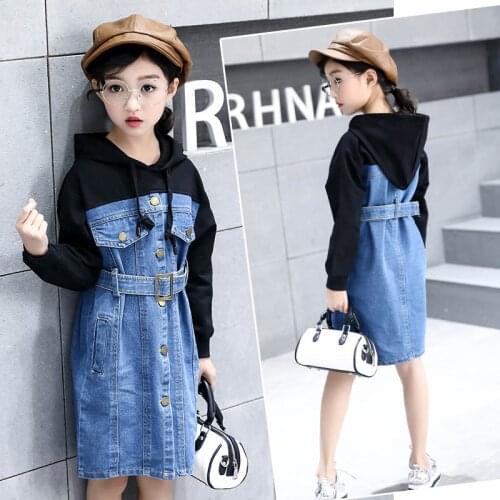 11 12 Year Old Girl Hooded Beautiful Costume Korean Spring Autumn Girls Pink Black Denim Princess Dress Christmas Kids Clothing