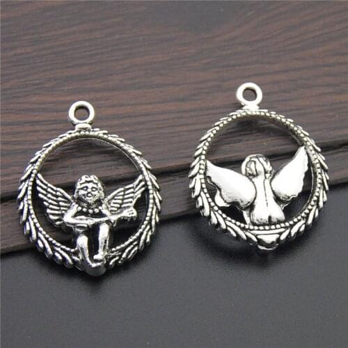 5PCS Silver Color Round Wings Angel Pendant Floating Charms Fit DIY Jewelry Findings Accessories A2270