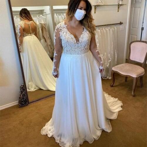Miaoduo Wedding Dress 2021 A Line Long Sleeve Bridal Gown for Women V Neck Princess Boho robe de mariée Plus Size Chiffon платье