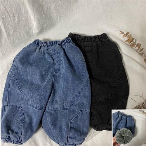 2021 Korean Winter New Childrens Stitching Plus Velvet Thicken Jeans Baby Boys and Girls Denim Pants Drawstring Windproof Jeans