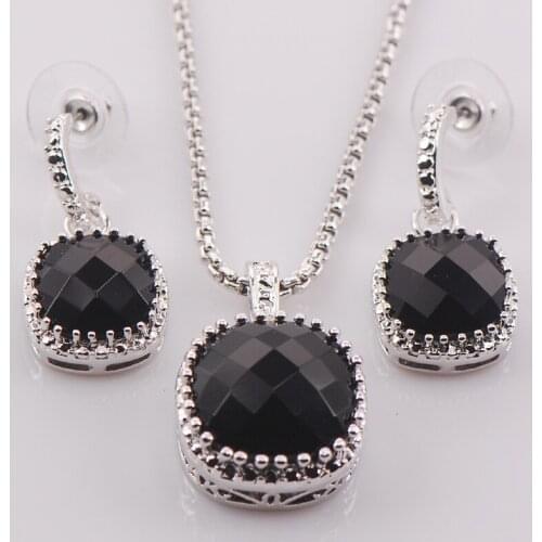 New Black Onyx Woman 925 Sterling Silver Crystal Pendant Earrings TT439