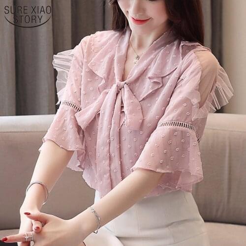 Solid Women Blouse Off-shoulder Top Fashion Chiffon Blouse Bow Sweet Woman Shirt Flare Sleeve Office Lady Clothing 10298