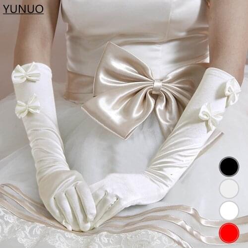 YUNUO Finger Bridal Gloves White Black Red Beige Satin Bowknot Wedding Gloves for Bride Accessories Elbow Length