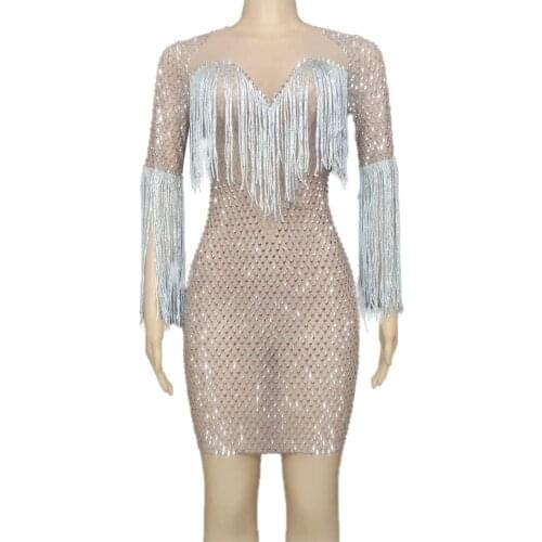 Luxury Rhinestone Fringe Short Dresses for Women Half Sleeves Birthday Celebrate Outfit Women Nightclub DS Dance Show Dress