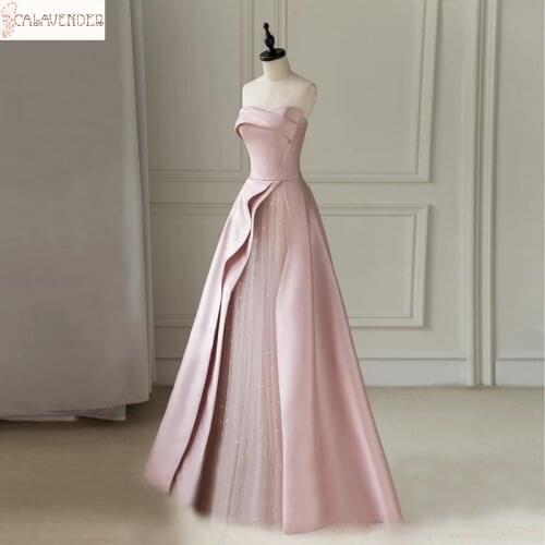 Strapless Pink Wedding Dress A-Line Satin and Pearls Beaded Tulle vestido casamento Floor Length Wedding Gowns Bride Dress