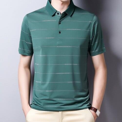 Summer Thin Mens Short Sleeve Polo Shirt Fashion Striped Business Tops Slim Lapels Elasticity Casual Soft Youth Brand Clothes