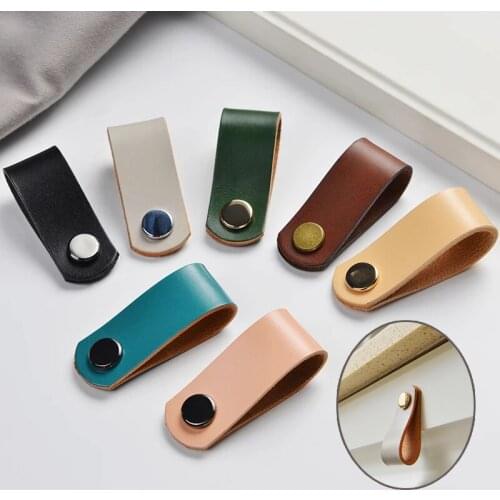 Cowhide Leather Drawer Handle Pull Brass Button Kitchen Drawer Case Furniture Handles Door Pulls With Screws 32 Colors Nordic