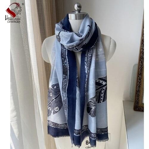 Made in Nepal Very Soft and Warm 100% Merino Wool Hand Printed Scarf Shalw Grey Blue