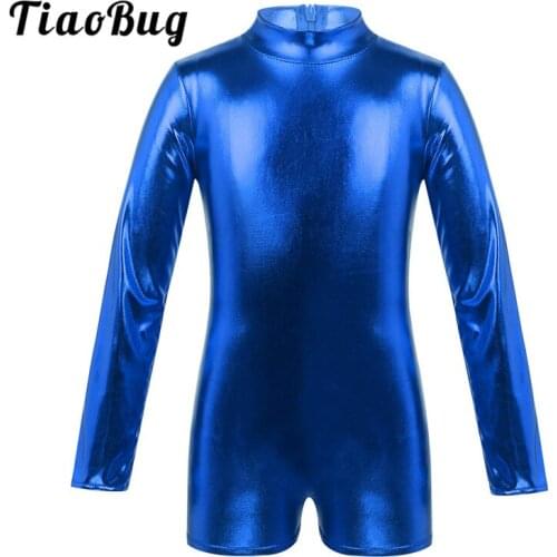 TiaoBug Kids Girls Shiny Metallic Zipper Back Long Sleeves Gym Unitards Children Ballet Gymnastics Leotard Stage Dance Costume