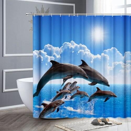Sunlight Sea Animal Fish Shower Curtains Seabed Ocean Scenery Dolphin Fabric Bathroom Curtain Bath Screen Home Bathroom Decor