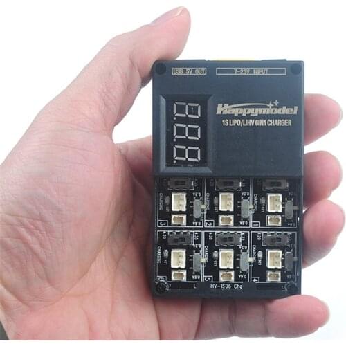 Happymodel 1S LIHV 6in1 Charger 3.7V 3.8V 1S06 RC lithium Battery 6-way w Digital Display 4.35v Charging Board PH2.0 Plug