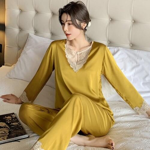 2021 Spring Women Satin Pajamas Nightwear With Lace Decoration Ladies Homewear Suit 2 Pieces a Set Top and Pants